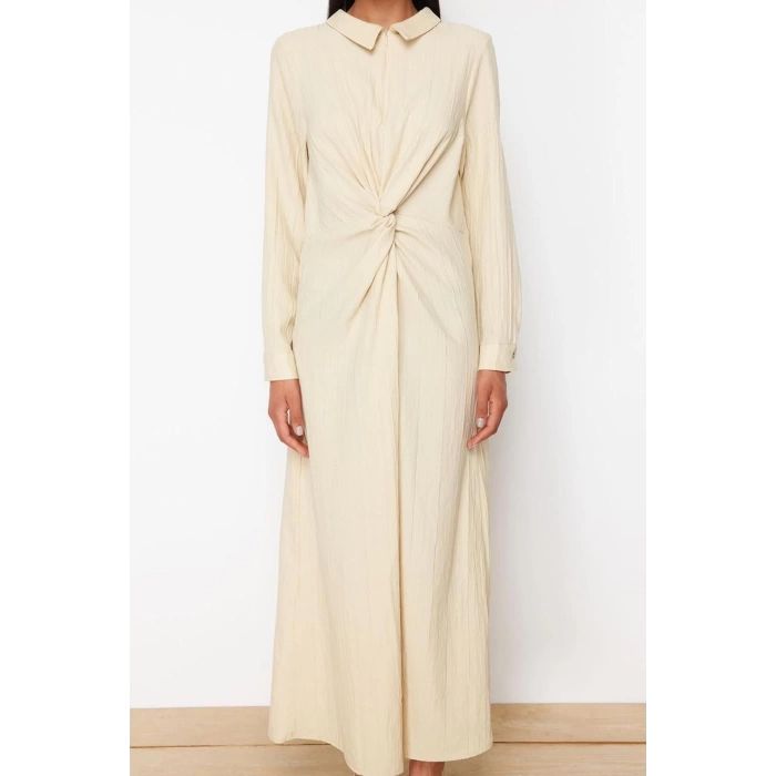 Fashion Regular Casual Daily Crinkle Woven Shirt Collar Long Sleeve Shift Maxi Length Hijab Dress