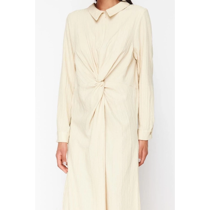 Fashion Regular Casual Daily Crinkle Woven Shirt Collar Long Sleeve Shift Maxi Length Hijab Dress