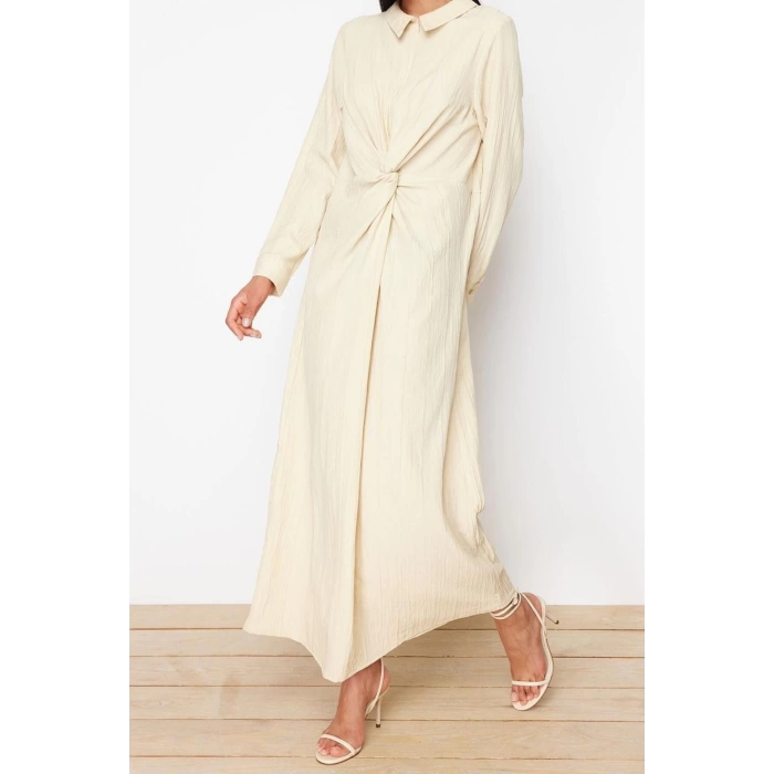 Fashion Regular Casual Daily Crinkle Woven Shirt Collar Long Sleeve Shift Maxi Length Hijab Dress
