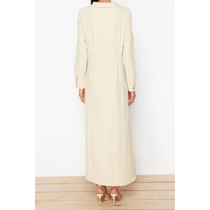 Fashion Regular Casual Daily Crinkle Woven Shirt Collar Long Sleeve Shift Maxi Length Hijab Dress