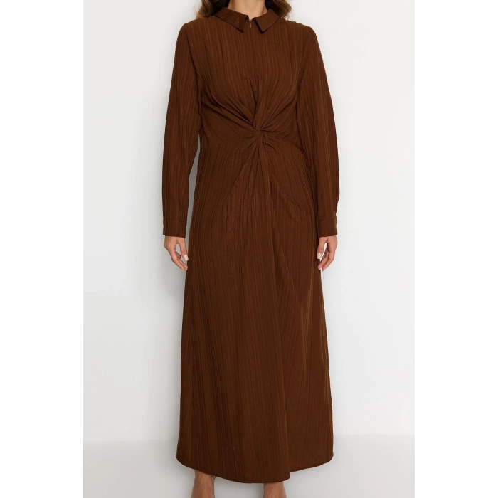 Fashion Regular Casual Daily Crinkle Woven Shirt Collar Long Sleeve Shift Maxi Length Hijab Dress