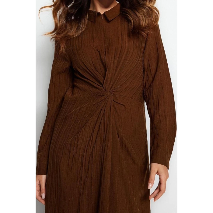 Fashion Regular Casual Daily Crinkle Woven Shirt Collar Long Sleeve Shift Maxi Length Hijab Dress