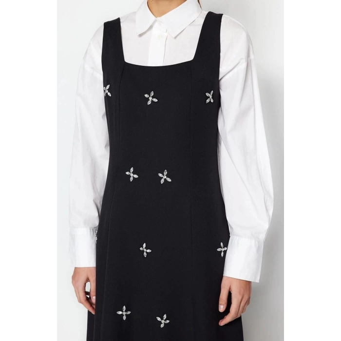 Moda Jile Casual Günlük Finike Dokuma Kare Yaka Kolsuz Kol Jile Maxi Boy Tesettür Elbise