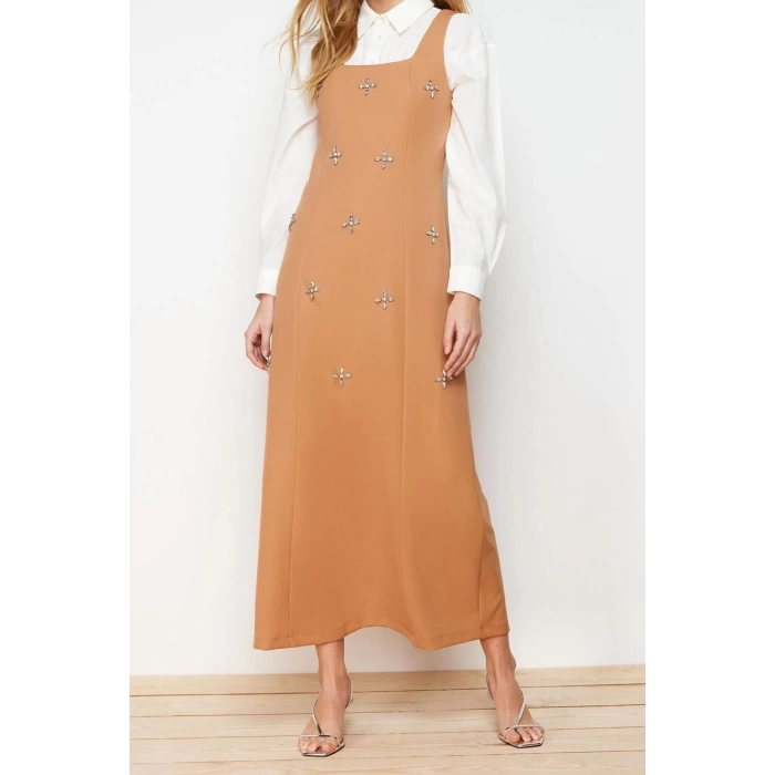 Moda Jile Casual Günlük Finike Dokuma Kare Yaka Kolsuz Kol Jile Maxi Boy Tesettür Elbise