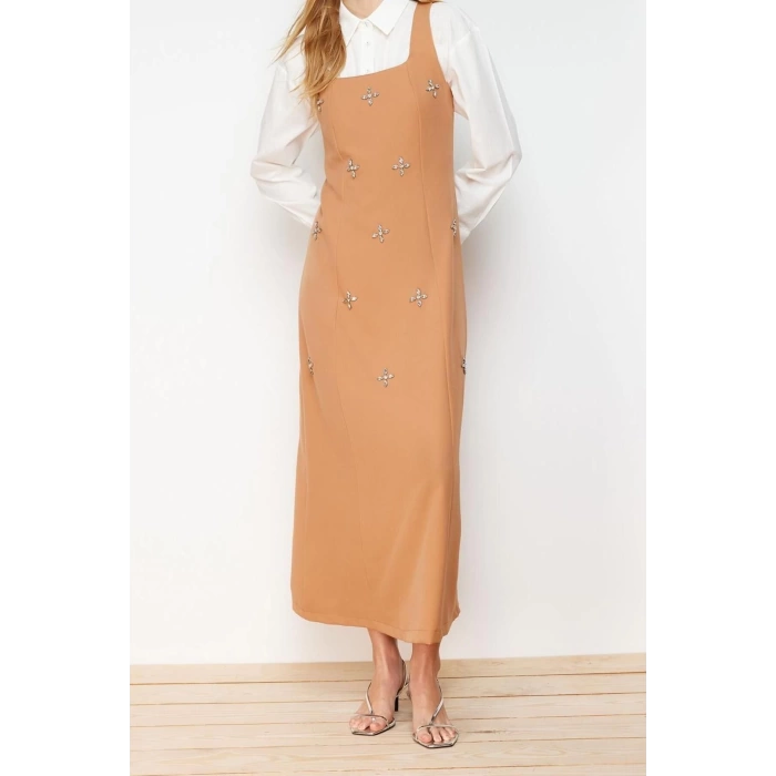 Moda Jile Casual Günlük Finike Dokuma Kare Yaka Kolsuz Kol Jile Maxi Boy Tesettür Elbise