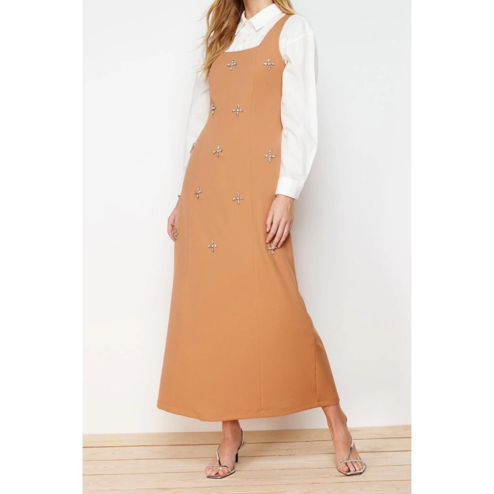 Moda Jile Casual Günlük Finike Dokuma Kare Yaka Kolsuz Kol Jile Maxi Boy Tesettür Elbise