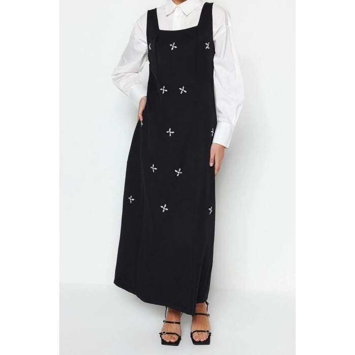 Moda Jile Casual Günlük Finike Dokuma Kare Yaka Kolsuz Kol Jile Maxi Boy Tesettür Elbise