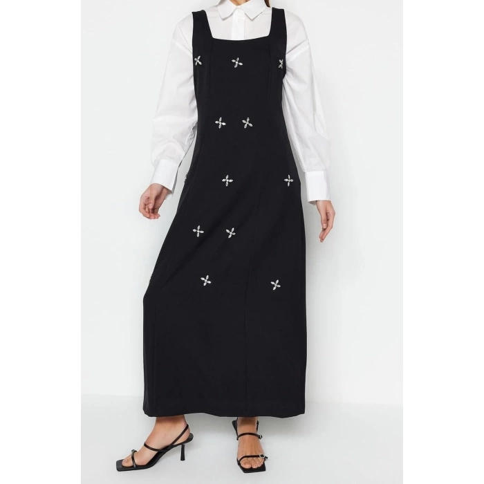 Moda Jile Casual Günlük Finike Dokuma Kare Yaka Kolsuz Kol Jile Maxi Boy Tesettür Elbise
