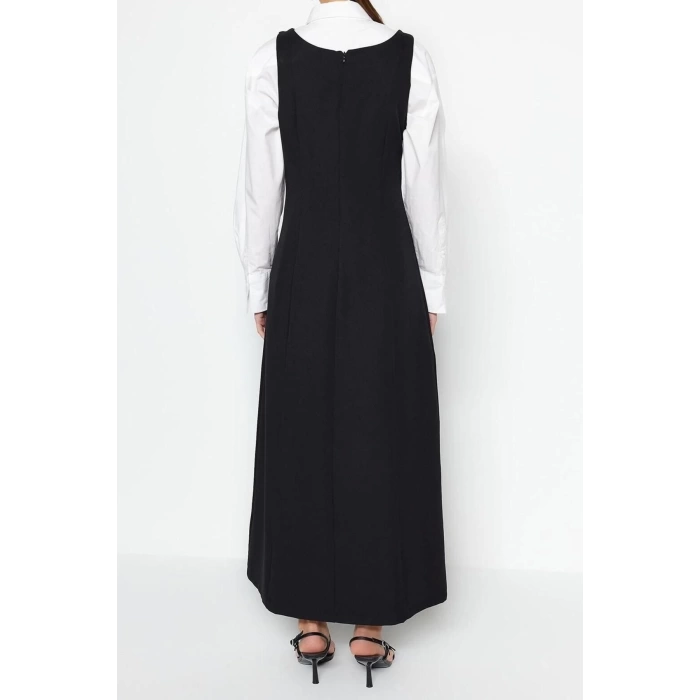 Moda Jile Casual Günlük Finike Dokuma Kare Yaka Kolsuz Kol Jile Maxi Boy Tesettür Elbise