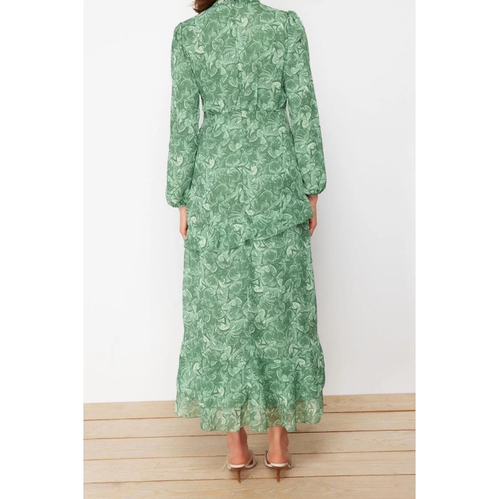 Moda Regular Evening Dress Night Chiffon Woven Crew Neck Long Sleeve Skirt Ruffle Maxi Length Hijab Dress