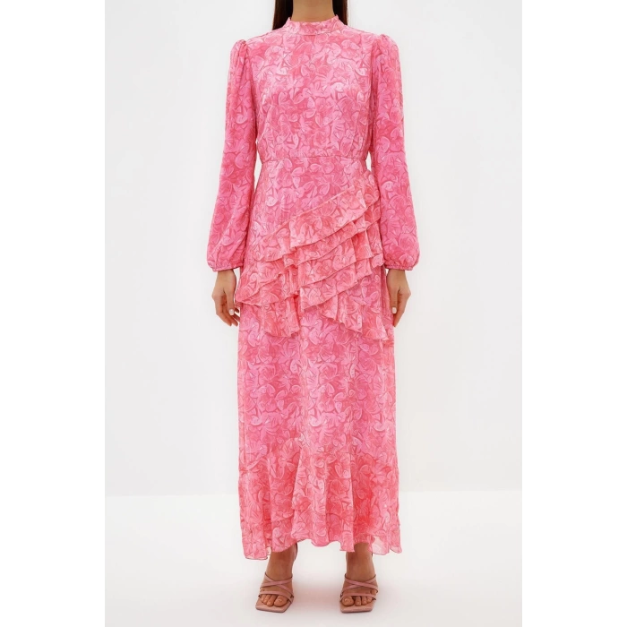 Moda Regular Evening Dress Night Chiffon Woven Crew Neck Long Sleeve Skirt Ruffle Maxi Length Hijab Dress