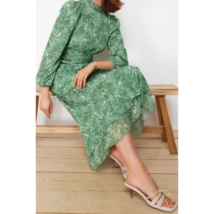 Moda Regular Evening Dress Night Chiffon Woven Crew Neck Long Sleeve Skirt Ruffle Maxi Length Hijab Dress