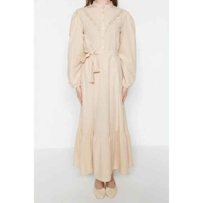Fashion Regular Casual Daily Terrycotton Woven Crew Neck Long Sleeve A-Line Maxi Length Hijab Dress