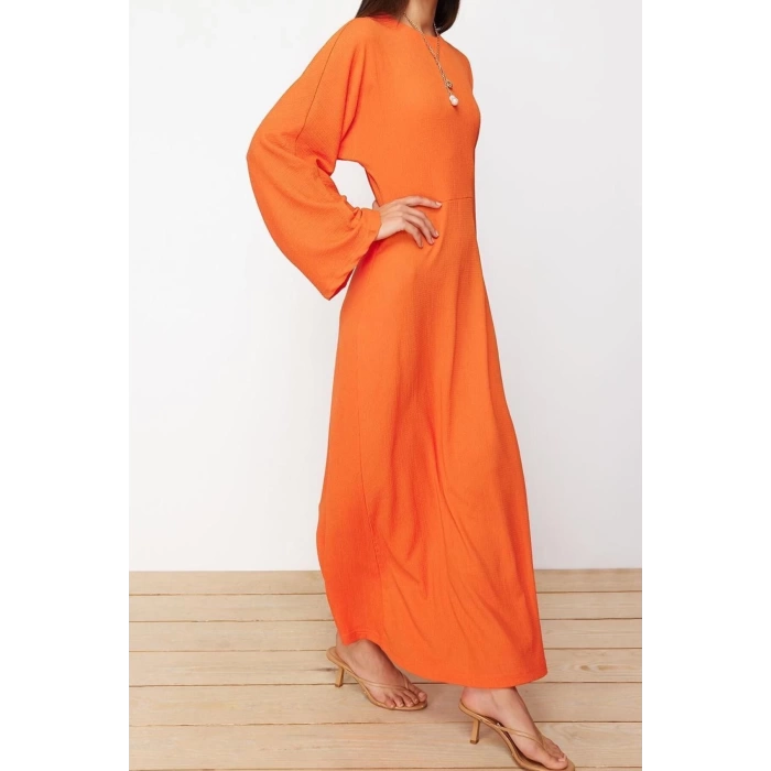 Moda Regular Casual Günlük Bürümcük Örme Bisiklet Yaka Uzun Kol Skater Maxi Boy Tesettür Elbise