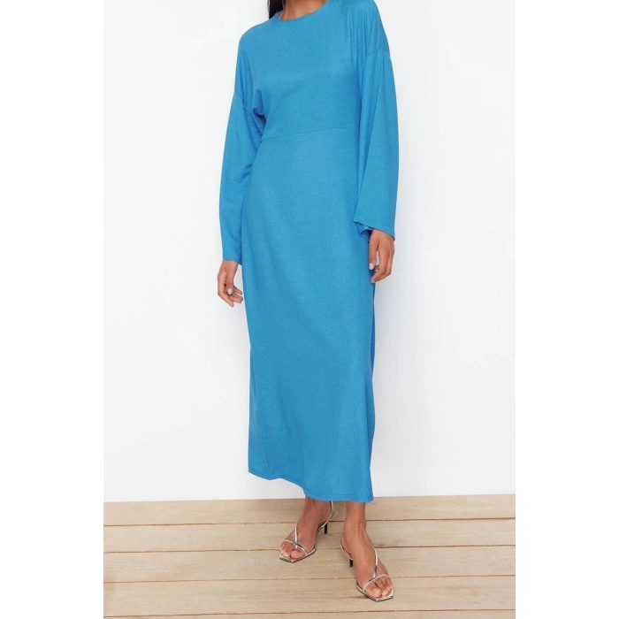 Moda Regular Casual Günlük Bürümcük Örme Bisiklet Yaka Uzun Kol Skater Maxi Boy Tesettür Elbise
