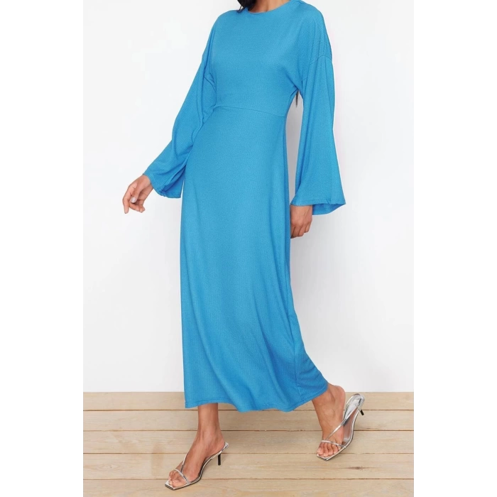 Moda Regular Casual Günlük Bürümcük Örme Bisiklet Yaka Uzun Kol Skater Maxi Boy Tesettür Elbise