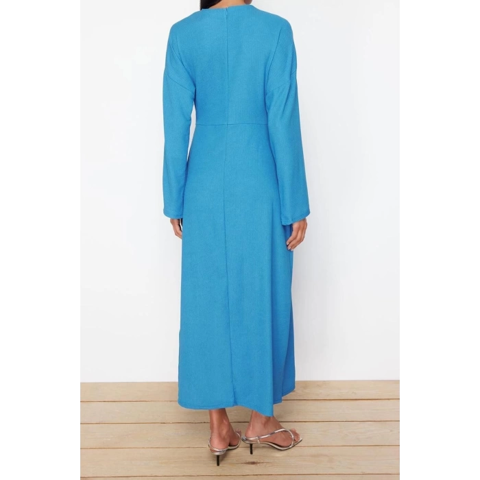 Moda Regular Casual Günlük Bürümcük Örme Bisiklet Yaka Uzun Kol Skater Maxi Boy Tesettür Elbise