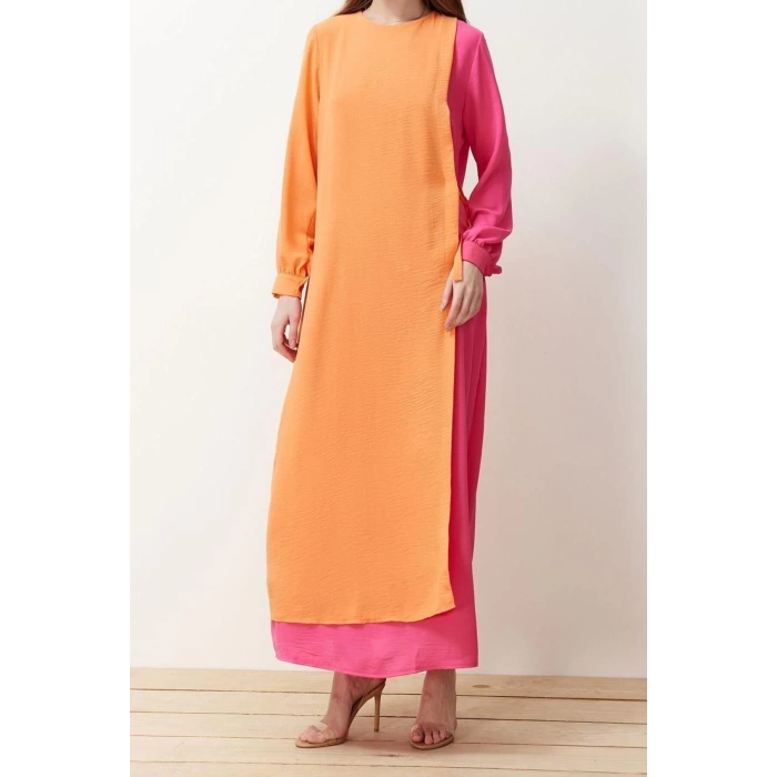 Moda Regular Casual Günlük Aerobin Dokuma Bisiklet Yaka Uzun Kol A-Line Maxi Boy Tesettür Elbise