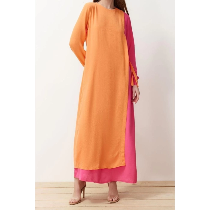 Moda Regular Casual Günlük Aerobin Dokuma Bisiklet Yaka Uzun Kol A-Line Maxi Boy Tesettür Elbise
