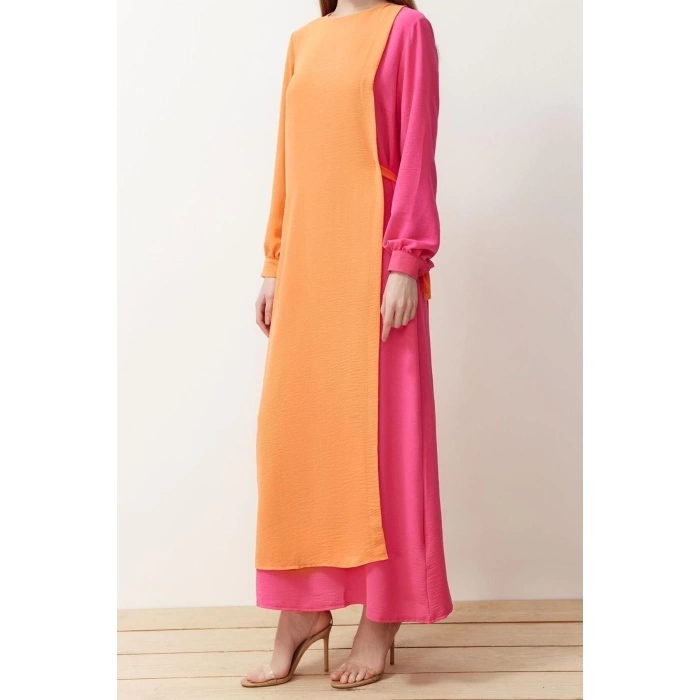 Moda Regular Casual Günlük Aerobin Dokuma Bisiklet Yaka Uzun Kol A-Line Maxi Boy Tesettür Elbise