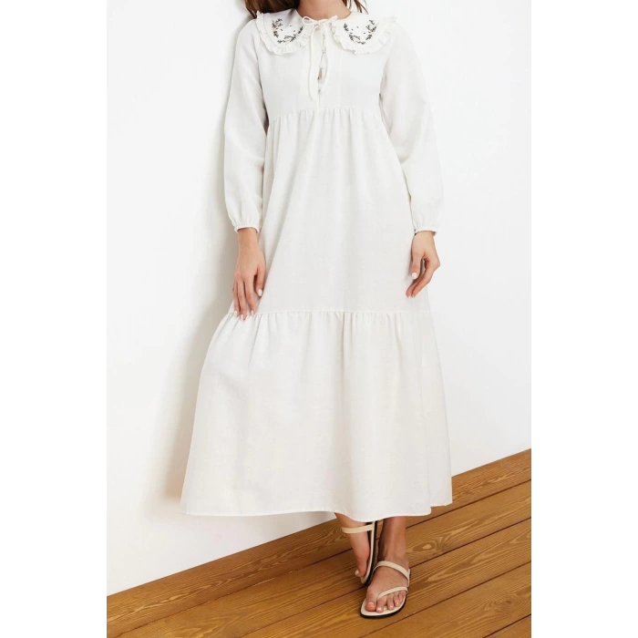 Moda Regular Casual Daily Linen Look Woven Baby Collar Long Sleeve Basic Maxi Length Hijab Dress