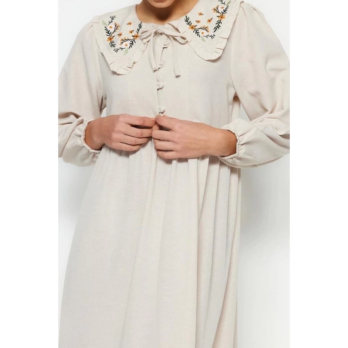 Moda Regular Casual Daily Linen Look Woven Baby Collar Long Sleeve Basic Maxi Length Hijab Dress