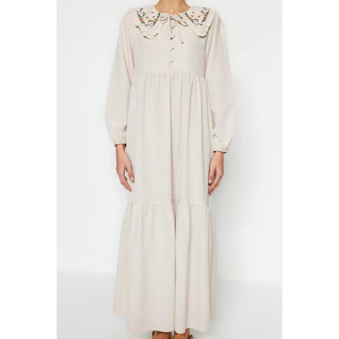 Moda Regular Casual Daily Linen Look Woven Baby Collar Long Sleeve Basic Maxi Length Hijab Dress