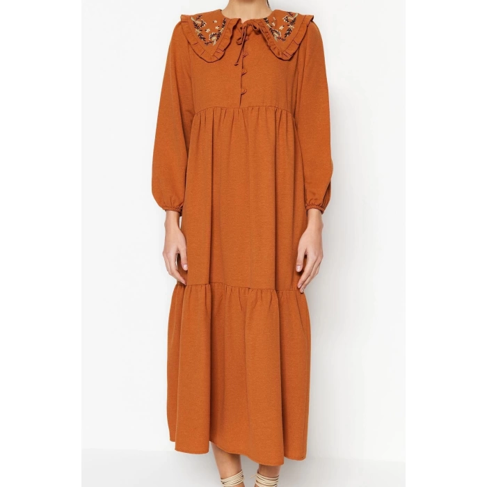 Moda Regular Casual Daily Linen Look Woven Baby Collar Long Sleeve Basic Maxi Length Hijab Dress