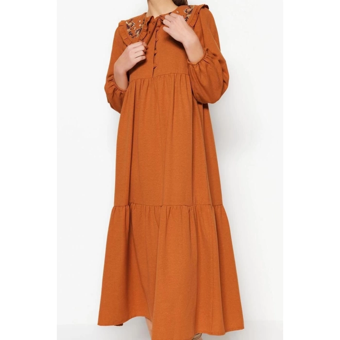 Moda Regular Casual Daily Linen Look Woven Baby Collar Long Sleeve Basic Maxi Length Hijab Dress