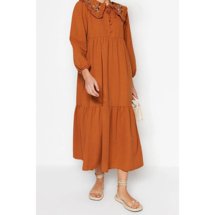 Moda Regular Casual Daily Linen Look Woven Baby Collar Long Sleeve Basic Maxi Length Hijab Dress