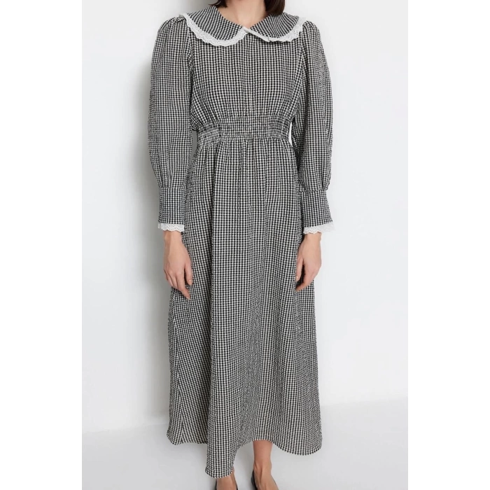 Fashion Regular Stylish Evening Dress Night Seersucker Woven V Neck Long Sleeve A-Line Midi Length Hijab Dress