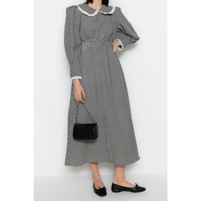 Fashion Regular Stylish Evening Dress Night Seersucker Woven V Neck Long Sleeve A-Line Midi Length Hijab Dress