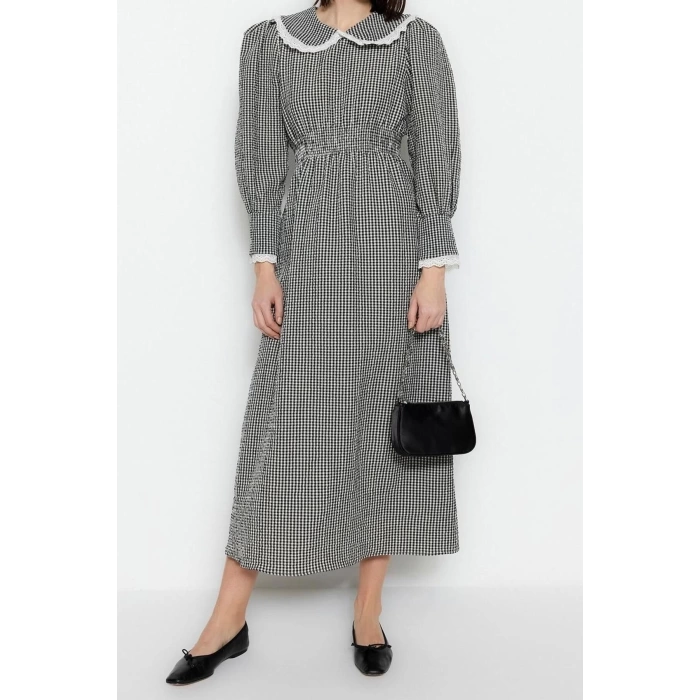 Fashion Regular Stylish Evening Dress Night Seersucker Woven V Neck Long Sleeve A-Line Midi Length Hijab Dress
