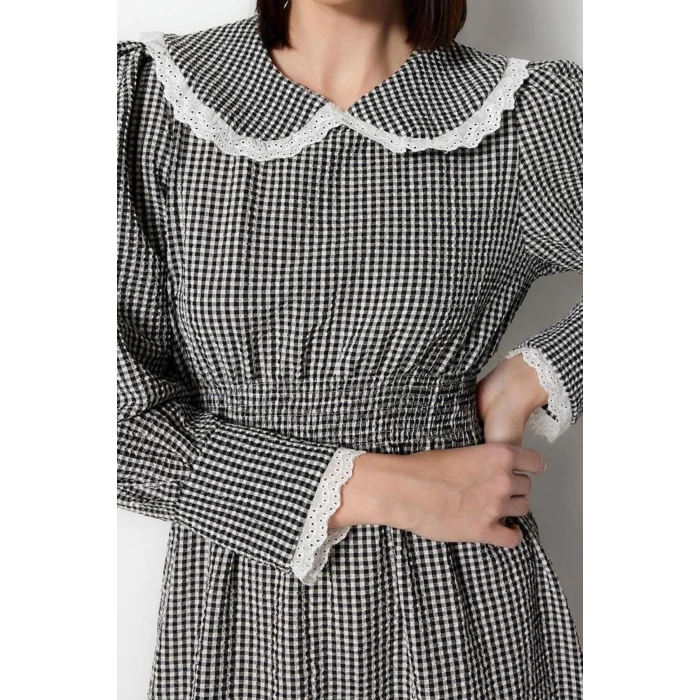 Fashion Regular Stylish Evening Dress Night Seersucker Woven V Neck Long Sleeve A-Line Midi Length Hijab Dress