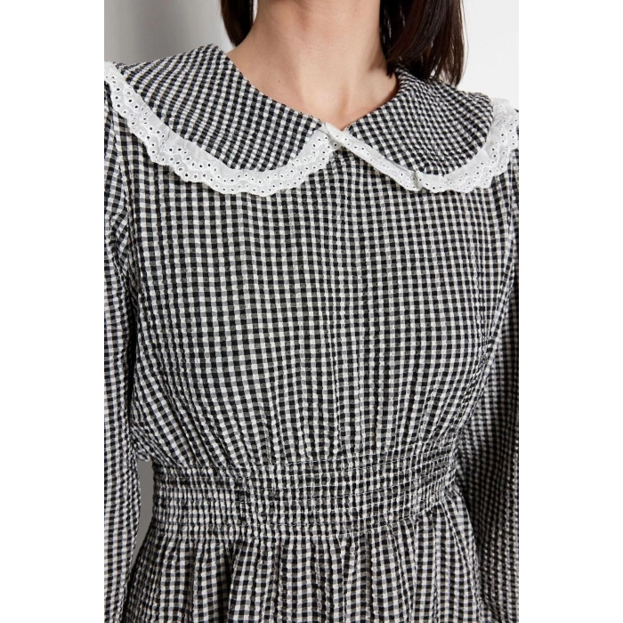 Fashion Regular Stylish Evening Dress Night Seersucker Woven V Neck Long Sleeve A-Line Midi Length Hijab Dress