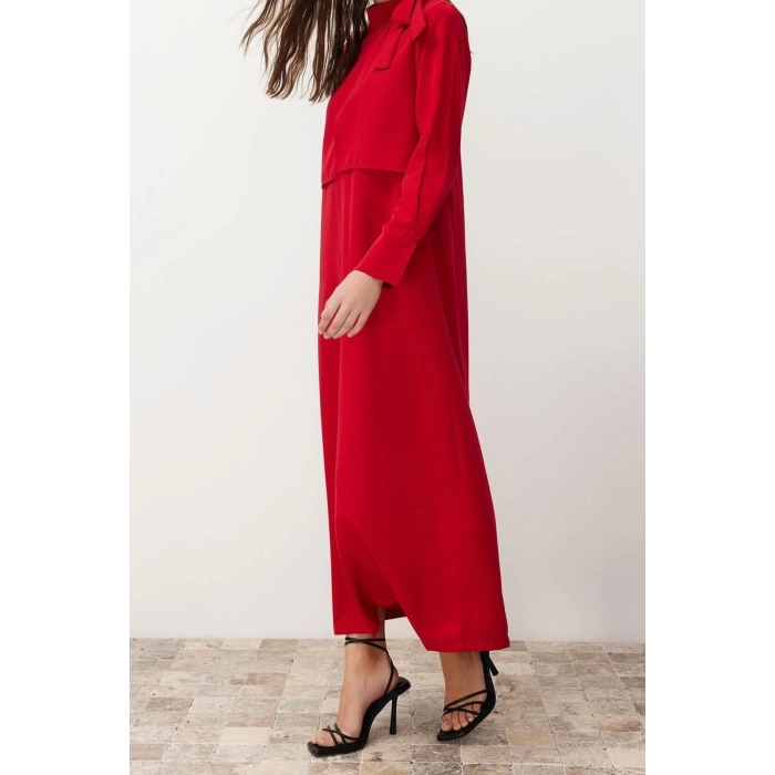 Moda Regular Günlük Terryviskon Dokuma Boyundan Bağlamalı Uzun Kol A-Line Maxi Boy Tesettür Elbise