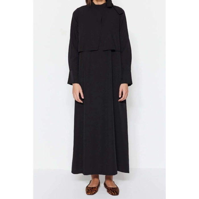 Moda Regular Günlük Terryviskon Dokuma Boyundan Bağlamalı Uzun Kol A-Line Maxi Boy Tesettür Elbise