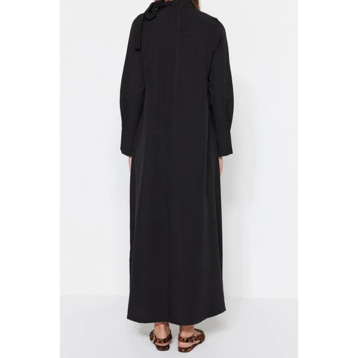 Moda Regular Günlük Terryviskon Dokuma Boyundan Bağlamalı Uzun Kol A-Line Maxi Boy Tesettür Elbise