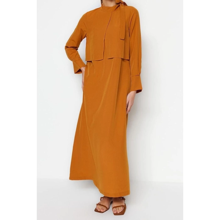 Moda Regular Günlük Terryviskon Dokuma Boyundan Bağlamalı Uzun Kol A-Line Maxi Boy Tesettür Elbise