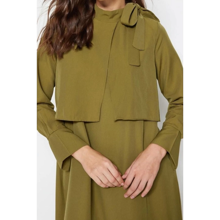 Moda Regular Günlük Terryviskon Dokuma Boyundan Bağlamalı Uzun Kol A-Line Maxi Boy Tesettür Elbise