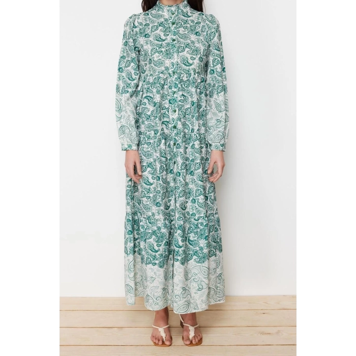 Moda Regular Keten Görünümlü Dokuma Hakim Yaka Uzun Kol Gömlek Elbise Maxi Boy Tesettür Elbise