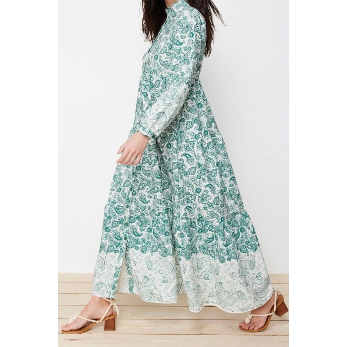 Moda Regular Keten Görünümlü Dokuma Hakim Yaka Uzun Kol Gömlek Elbise Maxi Boy Tesettür Elbise