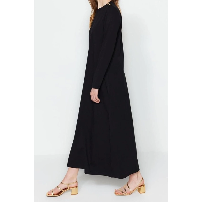 Moda Regular Casual Günlük Ringel Örme Dik Yaka Uzun Kol Basic Maxi Boy Tesettür Elbise
