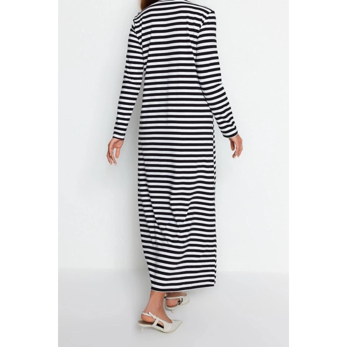 Moda Regular Casual Günlük Ringel Örme Dik Yaka Uzun Kol Basic Maxi Boy Tesettür Elbise