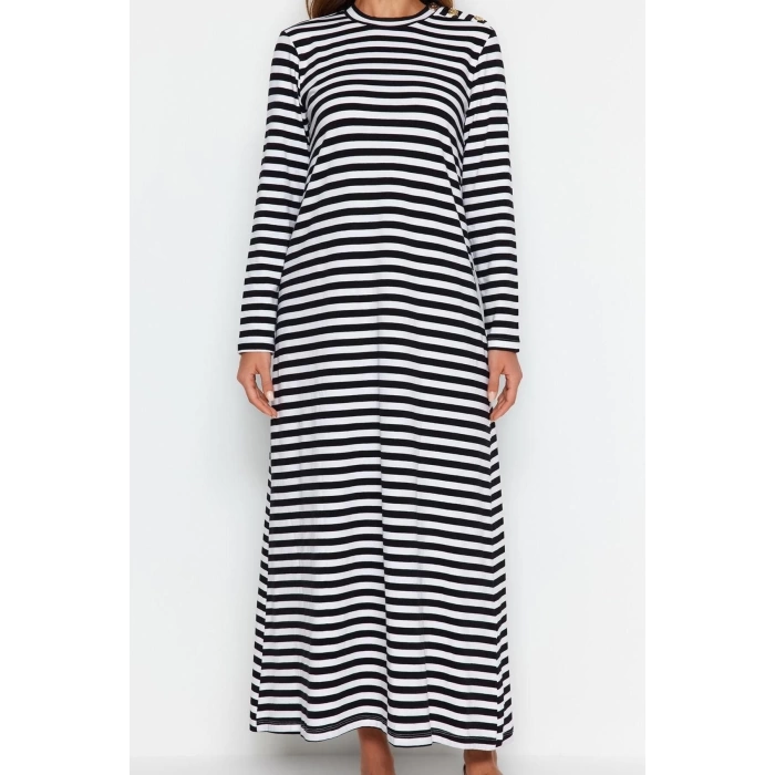 Moda Regular Casual Günlük Ringel Örme Dik Yaka Uzun Kol Basic Maxi Boy Tesettür Elbise