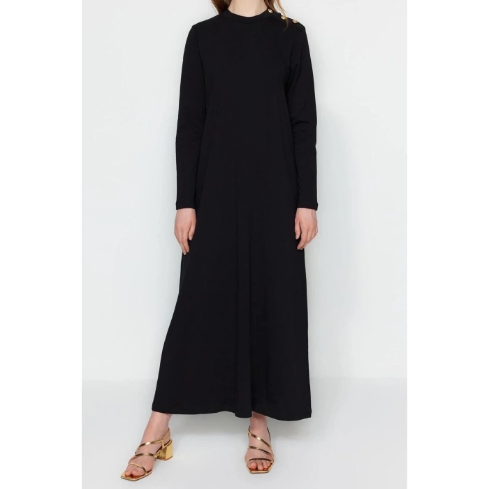 Moda Regular Casual Günlük Ringel Örme Dik Yaka Uzun Kol Basic Maxi Boy Tesettür Elbise