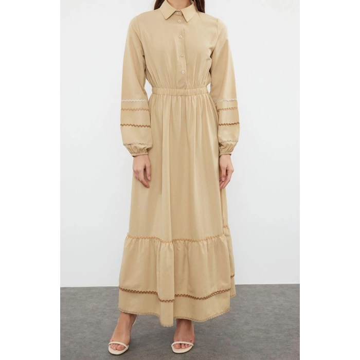 Fashion Regular Casual Daily Terrycotton Woven Shirt Collar Long Sleeve Basic Maxi Length Hijab Dress