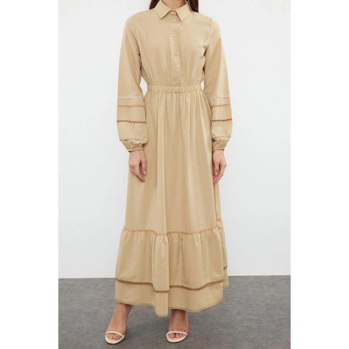Fashion Regular Casual Daily Terrycotton Woven Shirt Collar Long Sleeve Basic Maxi Length Hijab Dress