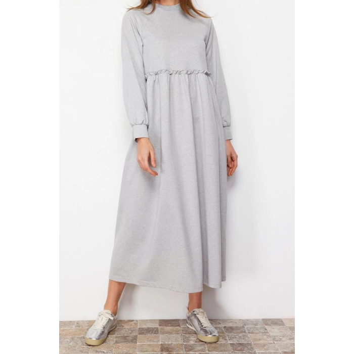 Moda Regular Casual Günlük 2 İplik Örme Bisiklet Yaka Uzun Kol Basic Maxi Boy Tesettür Elbise