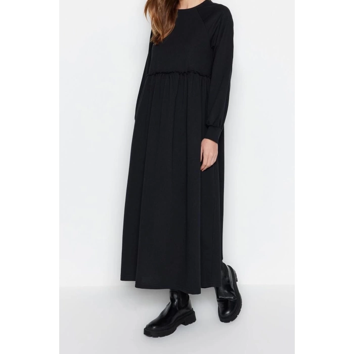 Moda Regular Casual Günlük 2 İplik Örme Bisiklet Yaka Uzun Kol Basic Maxi Boy Tesettür Elbise